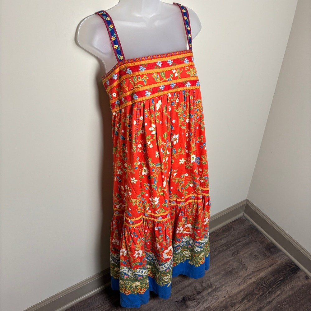 Tory Burch Dayton Orange Samba Batik Floral Tiered Summer Midi Dress Womens 8 - Picture 4 of 9